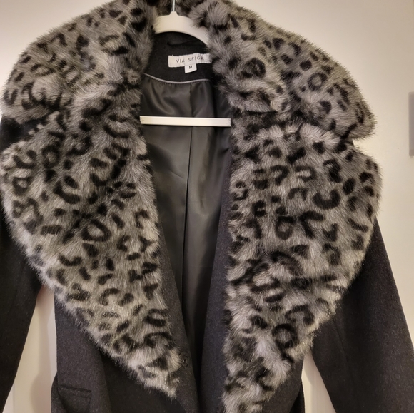 VIA SPIGA WOOL LEOPARD FUR LONG PEA COAT WINTER JACKET SIZE MEDIUM - Picture 10 of 15